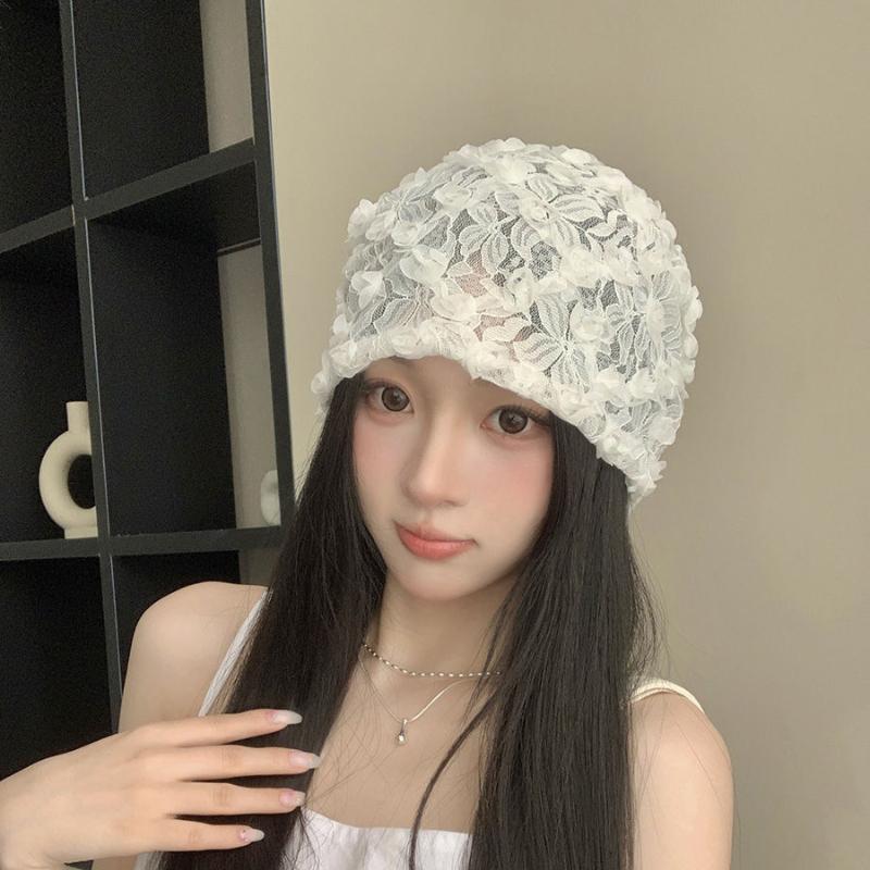 Women's Korean Minimalist Design 3D Flower Lace White Slouchy Hat Summer Hollow Breathable Thin Head-Wrapping Hat