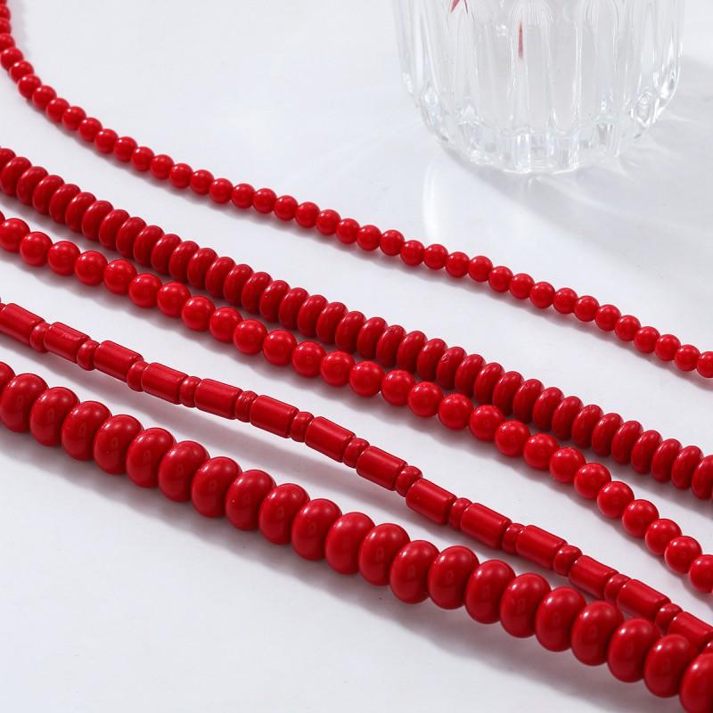 Handmade Red Beaded Layered Necklace Women Boho Chic Statement Jewelry With Geometric Design 81cm Length