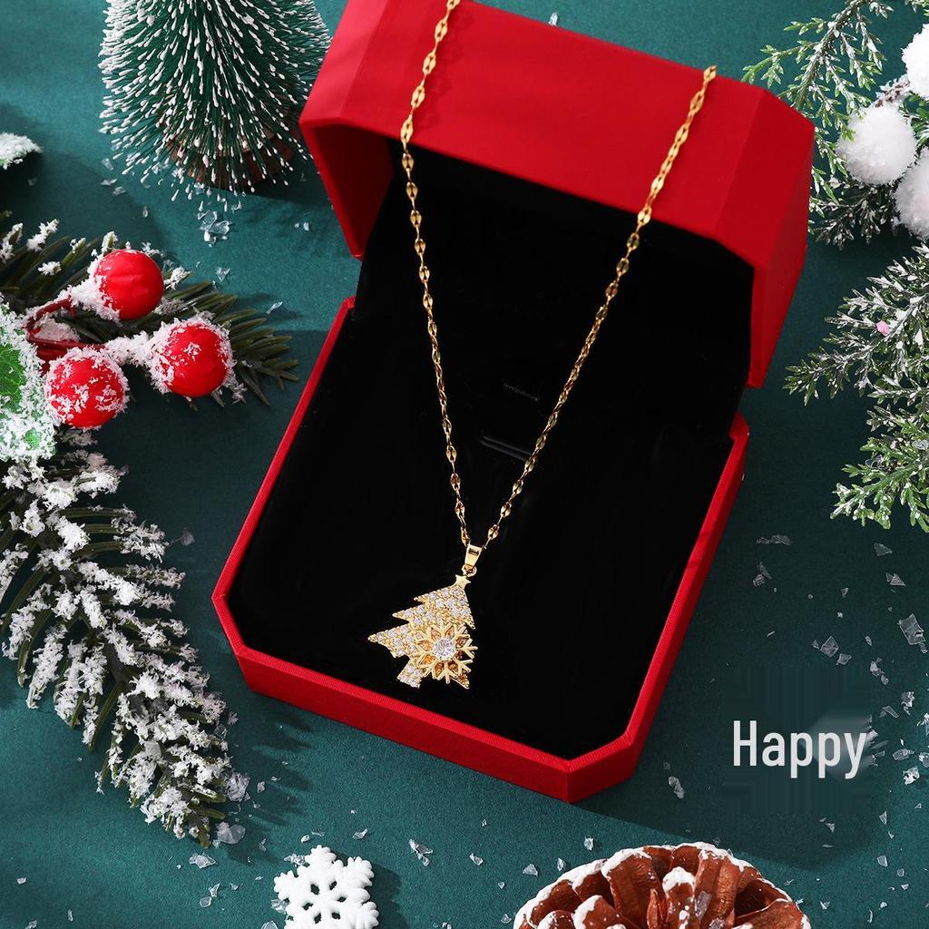 Rotatable Snowflake Christmas Tree Pendant Necklace - Luxury Micro-Paved Full Diamond Design, Celebrity Style Clavicle Chain Jewelry
