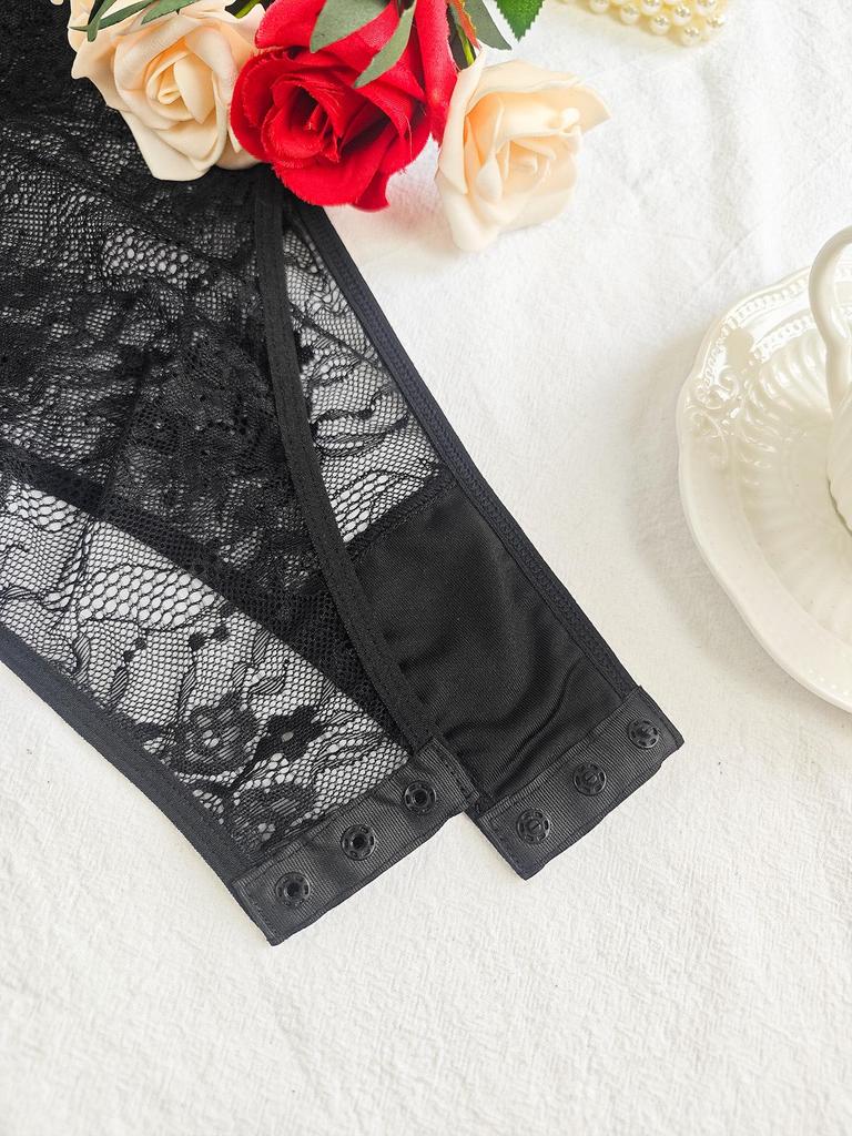 Trendy Black Lace See-Through Strappy Backless Bodysuit
