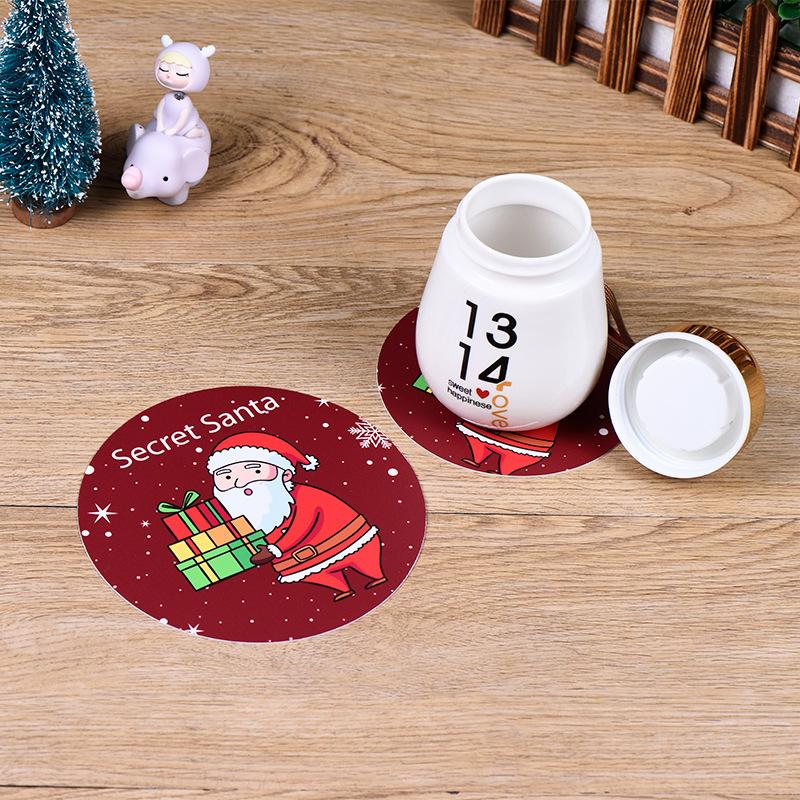 5Pcs/set Merry Christmas Round Cup Mat Table Placemats Coaster Anti-slip Kitchen Cushion Romantic Wedding New Year Party Pad