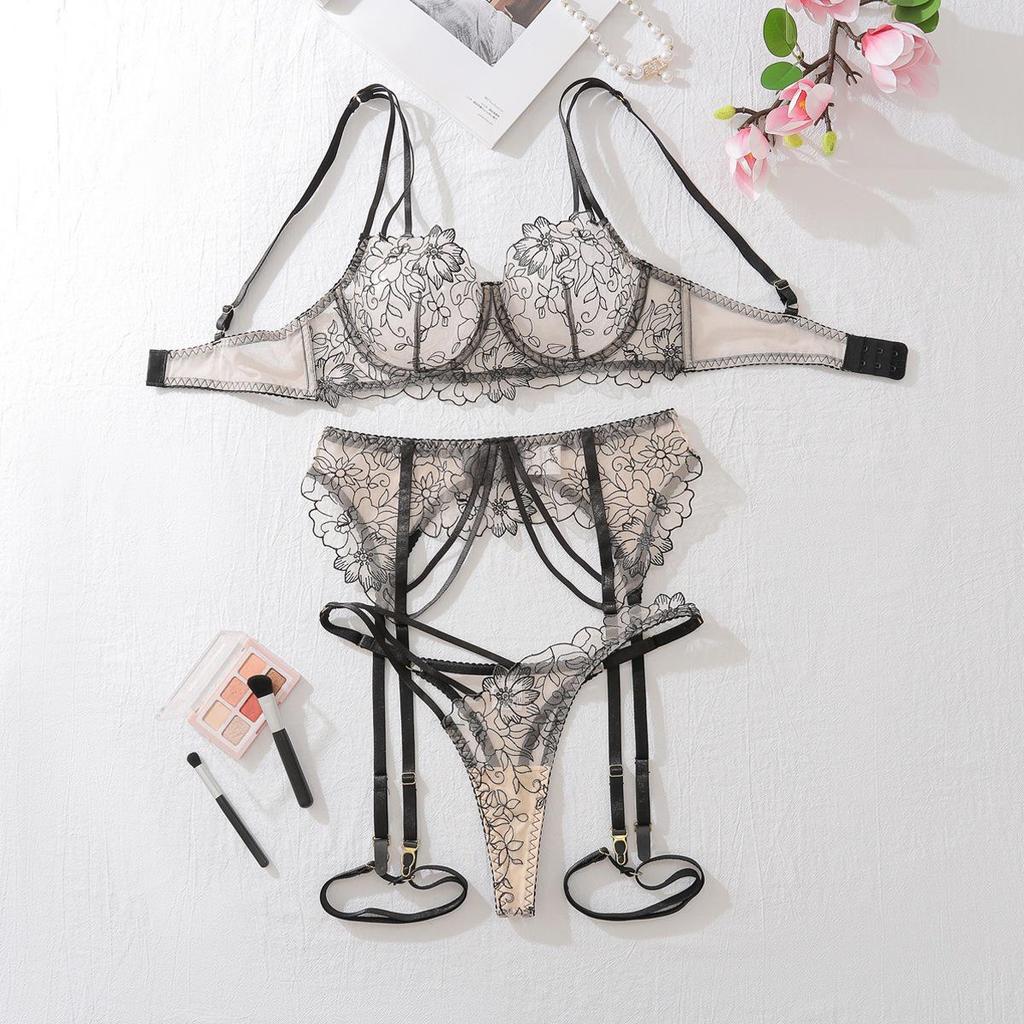 Elegant Floral Embroidery Sheer Multi-Strap Body Shaping Lingerie Set