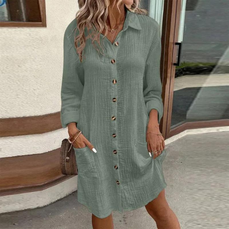 Women S Solid Cotton Linen Long Sleeve Mid Length Shirt Dress Casual