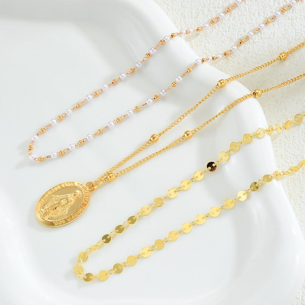 3 Pcs Minimalist Coin Pendant Necklace Set for Women Elegant Gold Color Jesus Print Design Multilayer Pearl Bead Chain Necklace