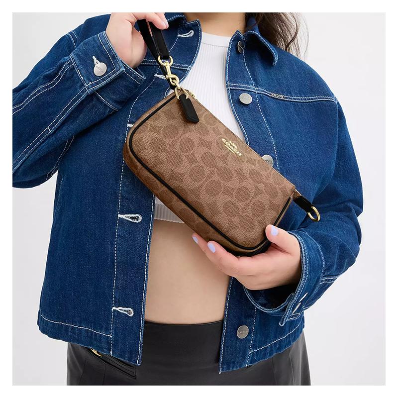 Coach Nolita 19 Brand Logo Zipper Closure Coated Canvas Shoulder Bag Small Size Women's Brown and Black
