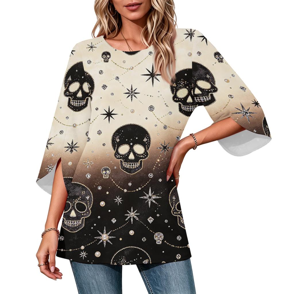 Women's Halloween Print Casual Neck Loose Fit 3/4 Sleeve Top