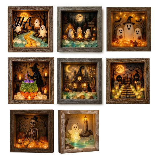 Seasonal Interior Decor Halloween Shadow Box Frame DIY Lighted Craft Kit, Wooden Night Light with Unique Gift for Lovers Sea Glass Stones, Gothic LED