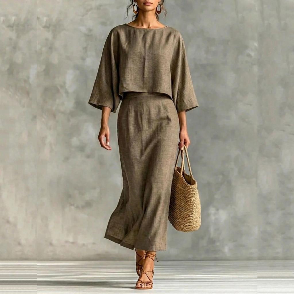 Modisches Lässiges Rundhals-Pullover-Oberteil mit Sieben-Zoll-Ärmeln und High-Waist-Midi-Rock-Set für Damen