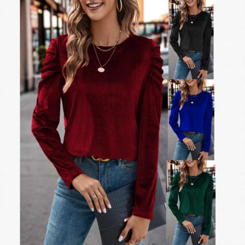 Womens Winter Stretch Velvet Casual Round Neck Fitted Puff Sleeve Long Top