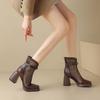 Brown Thick High-heeled Square-headed Short Boots 2025 New Summer Versatile Martin Boots Thick-soled Small Women's Net Boots