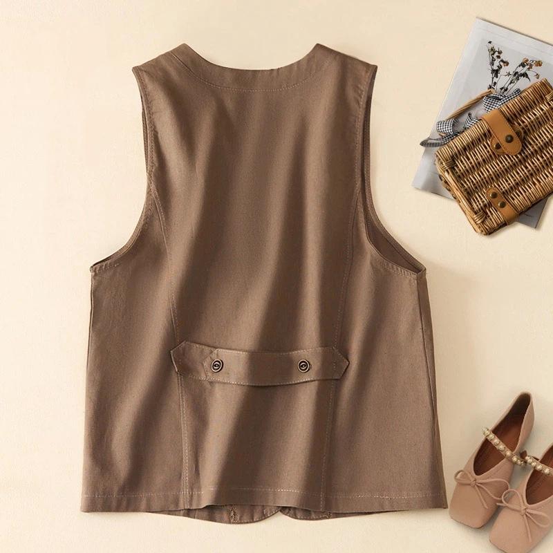 Women V Neck Button Down Sleeveless Linen Cotton Blend Vest With Pockets