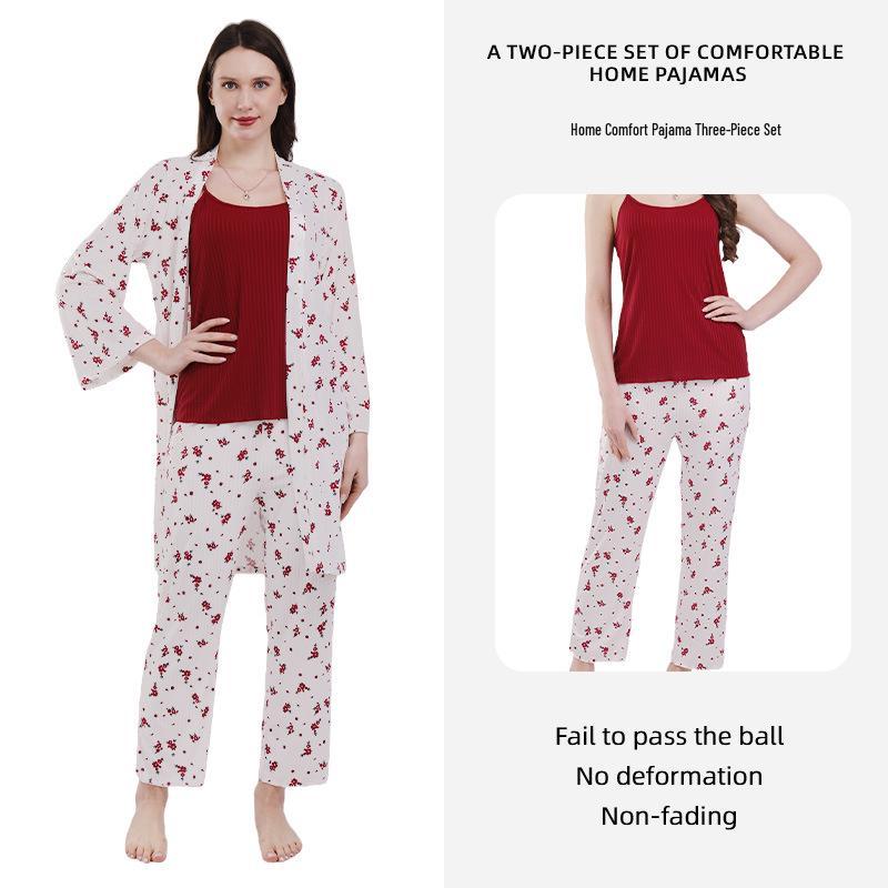 Summer 2026 Floral Women's Pajamas Three-Piece Set Long Sleeve – Wearable Outdoors, In Stock