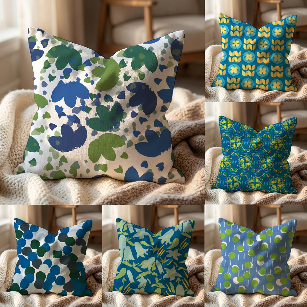 Blue Green Block Print Cushion Cover Multi-Scene Pillow Cover for Home & Car - Reversible, Soft & Durable for Daily Use