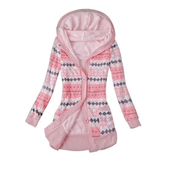 Stribet Print Langærmet Sweaterfrakke Efterår Vinter Knaplukning Hætte Plysforing Sweater Cardigan Ydertøj