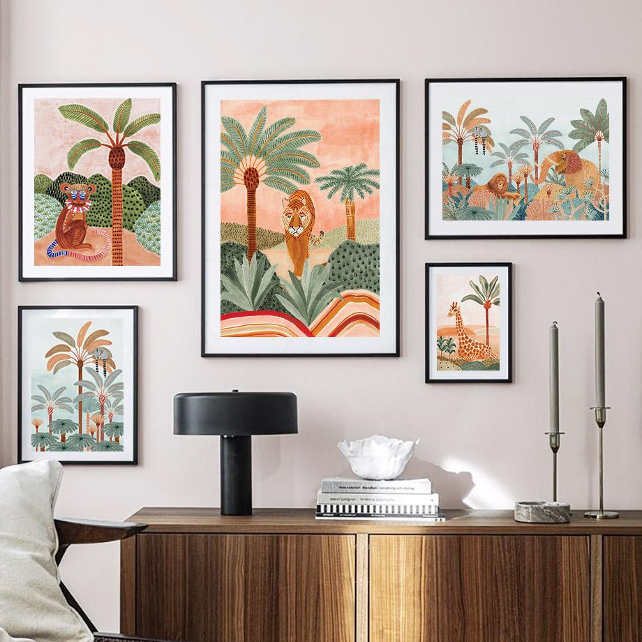 Tropical Jungle Animal Tree Giraffe Elephant Lion Boho Posters And Prints Wall Art Canvas Painting Picture for Living Room Decor