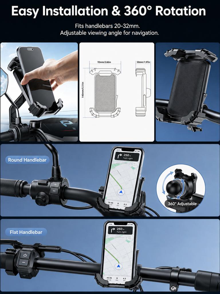 Motorcycle Phone Mount, One-Handed Anti-Shake Bike Holder, Universal Fit for Electric Scooter & Motorbike