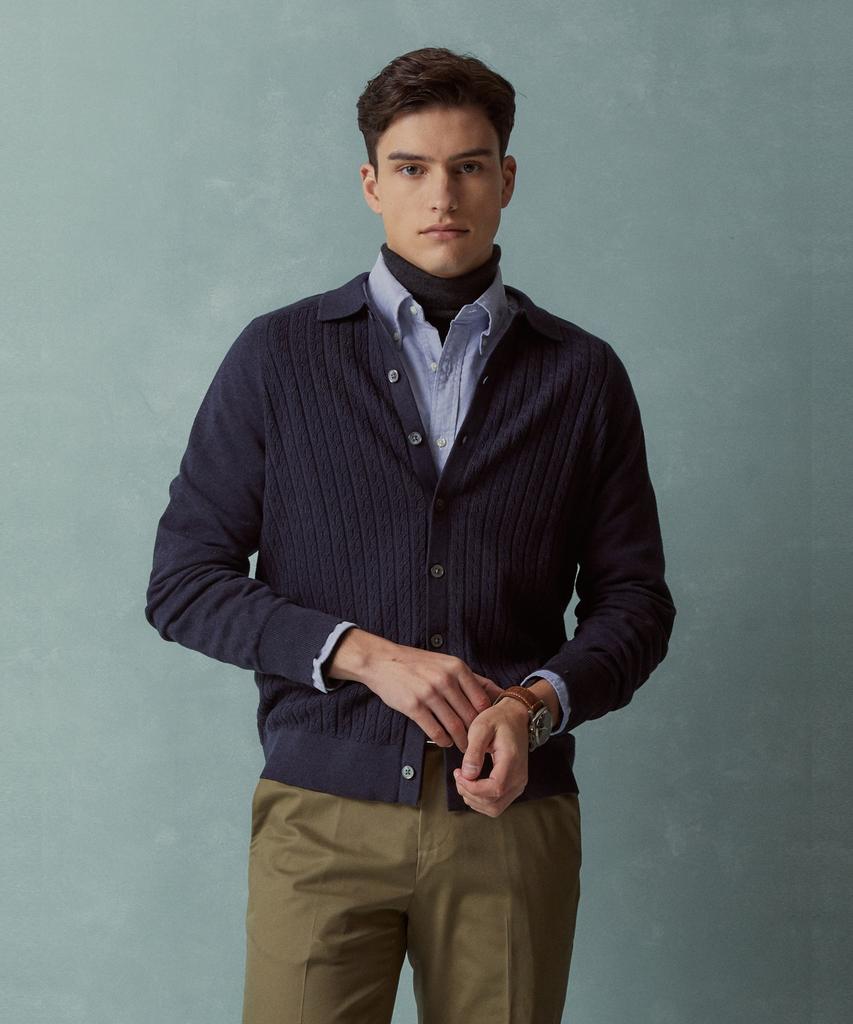 Brooks Brothers Cotton Cable Polo Cardigan (Navy) (Bbwcmmf302)