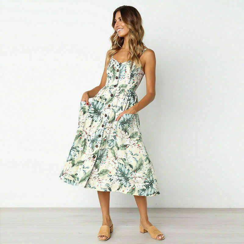 Elegante Abito Midi Estivo da Donna Boho con Spalline Sottili e Tasche a Bottone