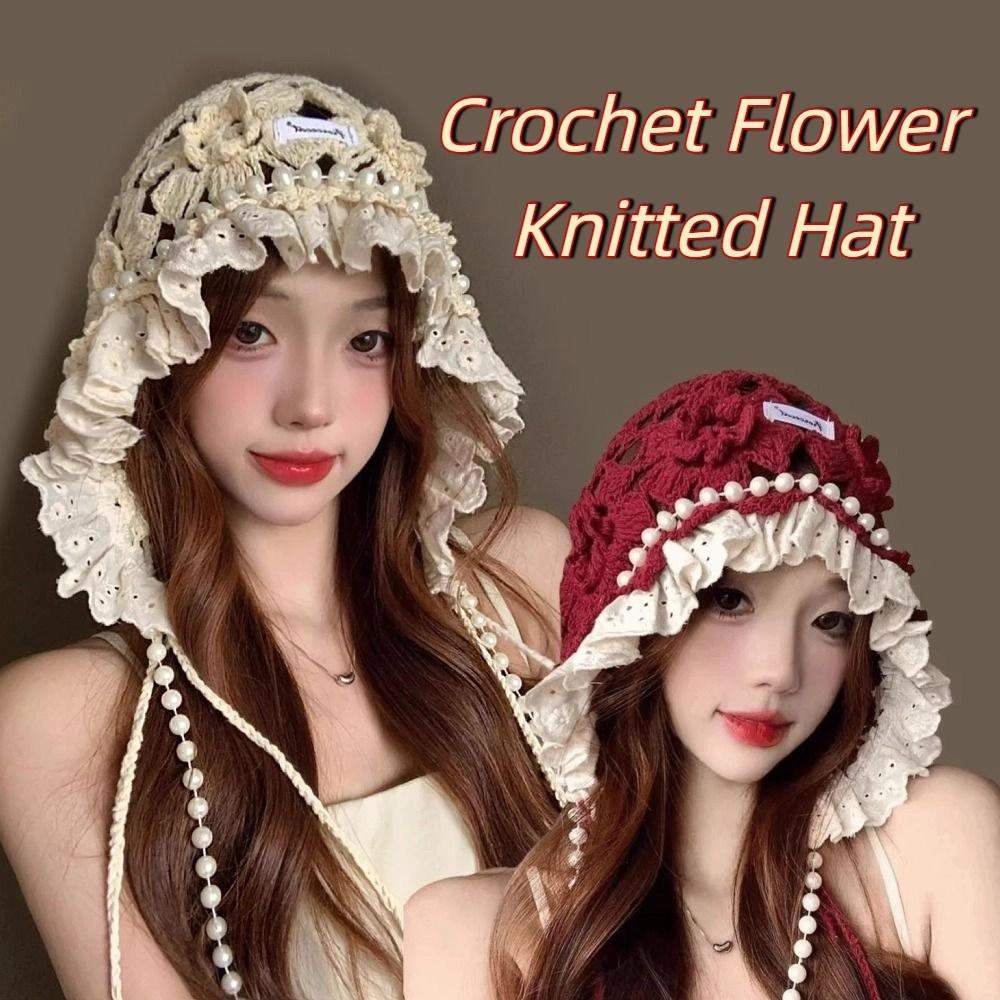 Pearl Tassels Crochet Flower Knitted Hat Bohemian Style Weave Cap Cute Lace Beanies  Outdoor