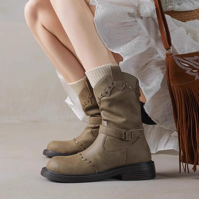 Retro Belt Buckle Flat Bottom Rivet Western Boots Knight Boots Short Boots Women's Summer New British Martin Boots Single Boots
