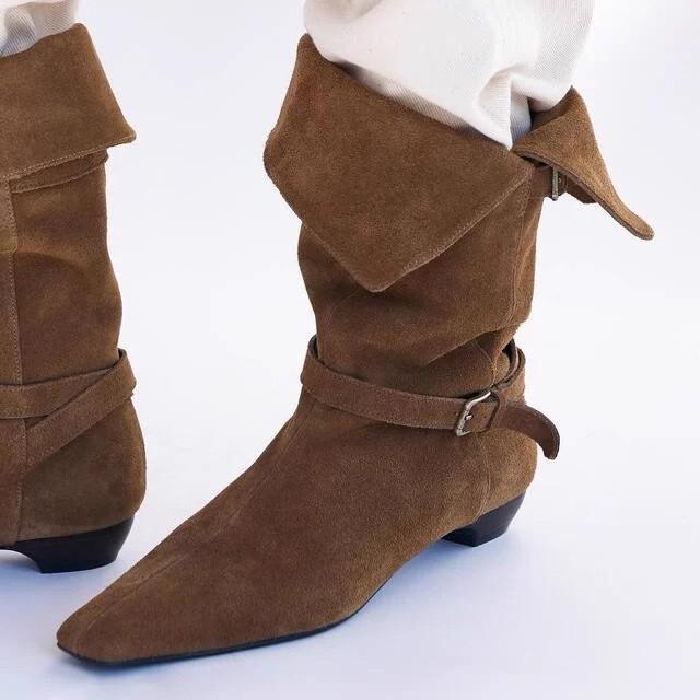 Rindslederversion~ Europäische und amerikanische Retro-Nischen-Gürtelschnalle quadratischer Kopf dicker Absatz gefaltete mittelhohe Stiefel Damen 2025 neue Reiterstiefel