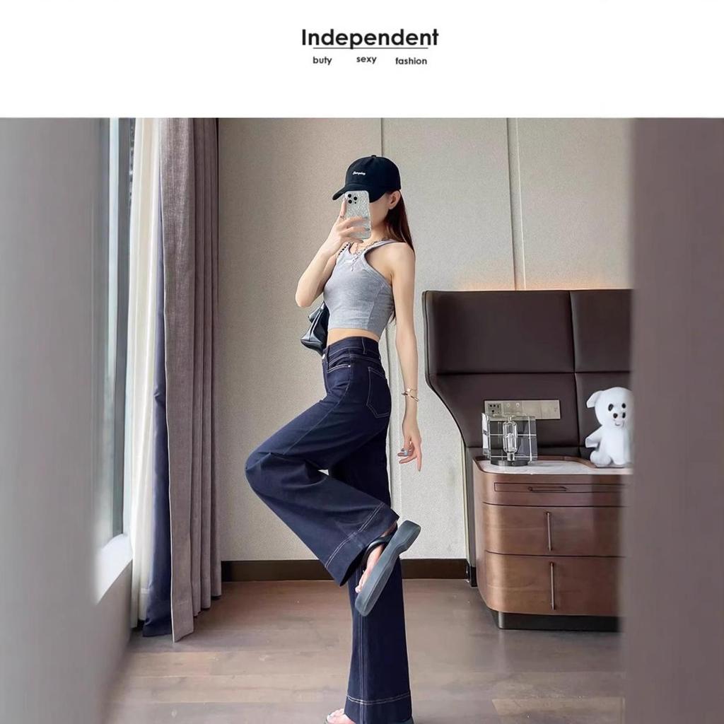 Women's Dark Blue Soft Denim High-Waisted Wide-Leg Jeans – Light Summer Style 2025