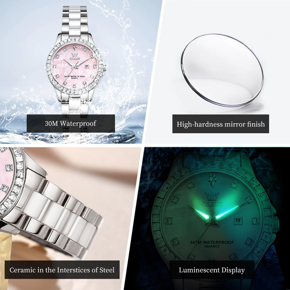 OLEVS Quartz Wristwatch Elegant Luxury Ceramics Strap Waterproof Auto Date Diamond Bezel Watch for Women