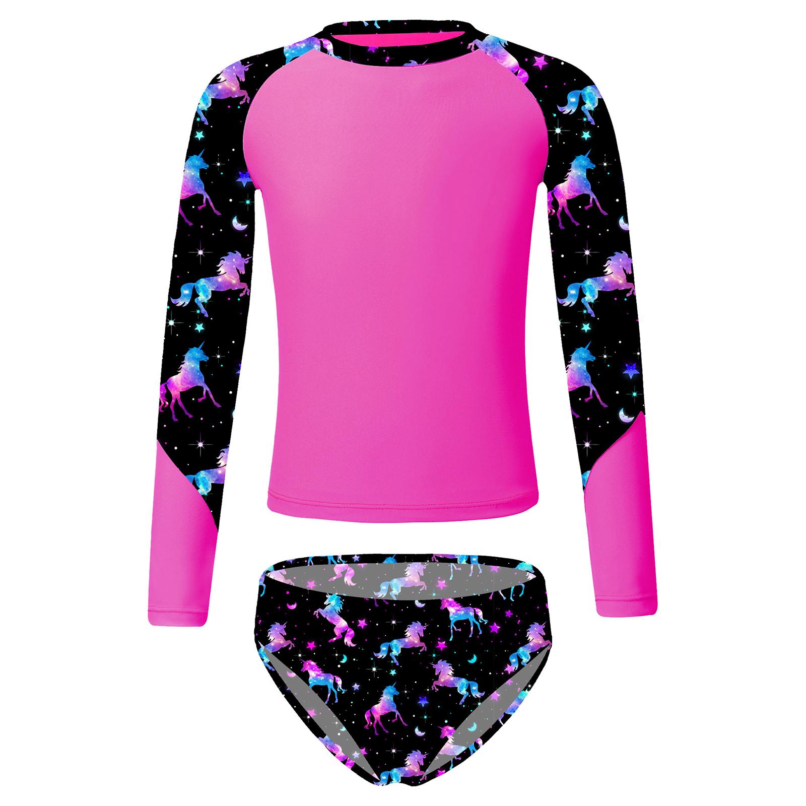 

Girls Long Sleeve Swim Set Printed Mock Neck Rash Guard Top Swim Briefs UPF 50 Sun Protective Beach Pool Outfit 9-10 Years