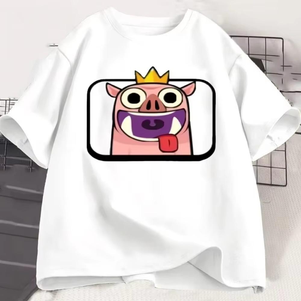 Hog with Crown Emote Clash Royale Graphic T Shirts Casual Round Neck Short Sleeve Tshirt Men Women Cute Breathable Clothes