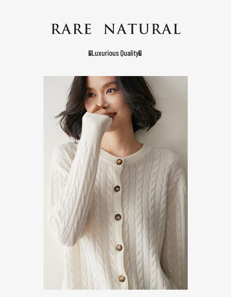 Women's Cashmere Cable-Knit Cardigan Sweater - Round Neck, Single-Breasted, Multi-Button, Loose Fit, Solid Color, Versatile Fall/Winter Style