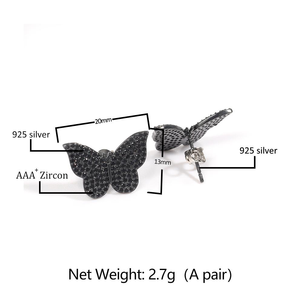 THE BLING KING Butterfly Stud Earring 925 Sterling Silver Earring Paved Black Cubic Zirconia Men Women Fashion Hiphop Jewelry