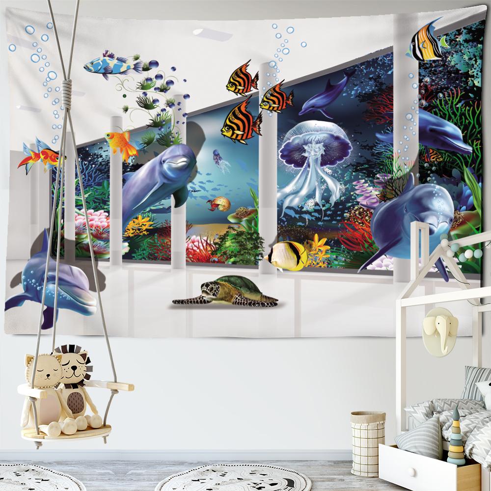 Bottlenose Dolphin Tapestry Wall Hanging Cartoon Kawaii Kids Boho Hippie Aesthetic Room Art Home Decor