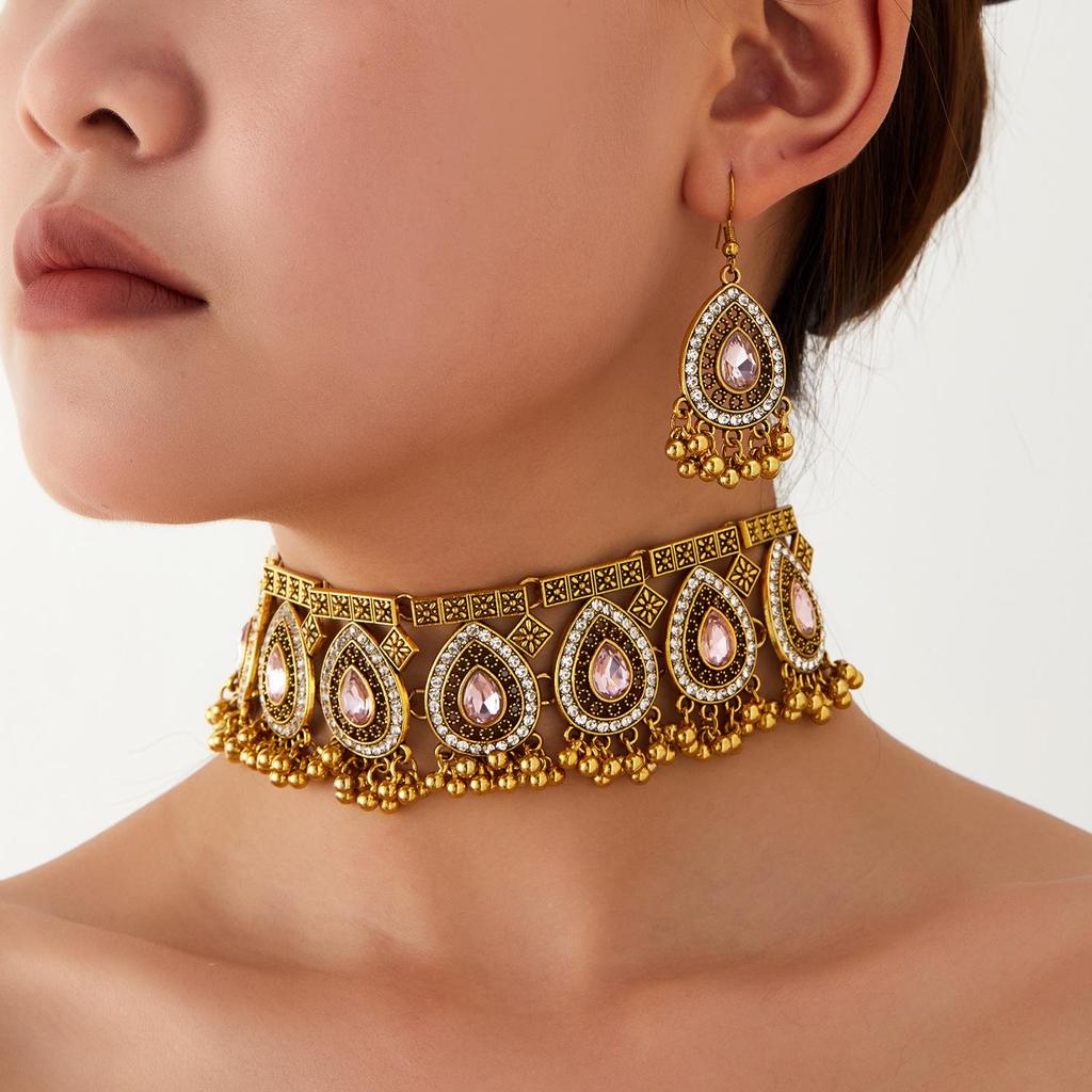 Bohemian Indian Style Rhinestone Tassel Necklace & Earrings Set for Women