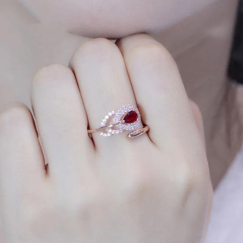 Plated Rose Gold Feather Ring for Women New In Inlaid Red Gem Creative Light Luxury Wedding Zircon Adjustable