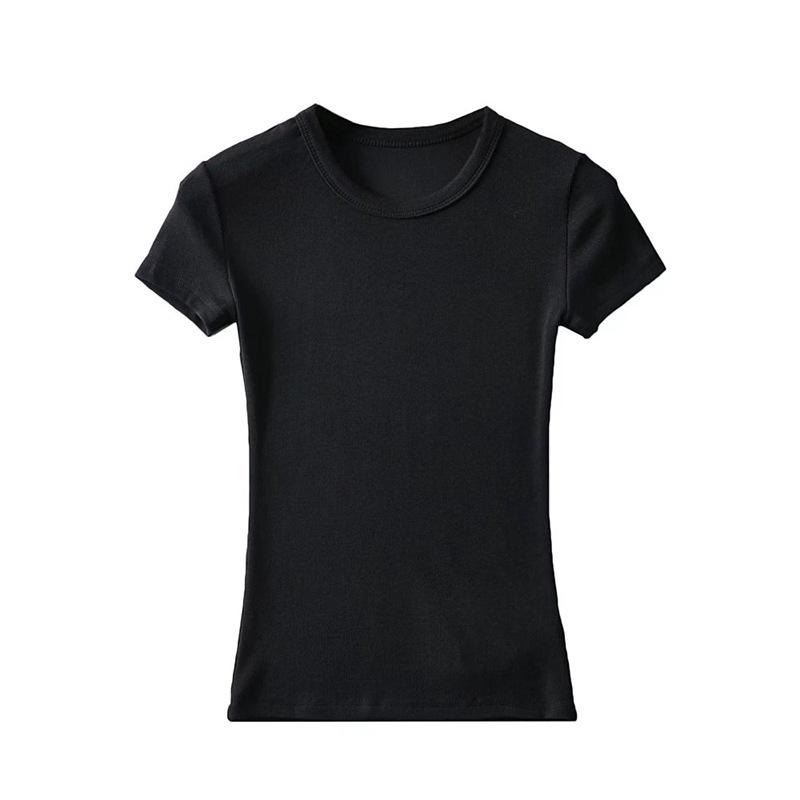 YPFF Summer Women's Solid Color Elastic Thread Basic Short-Sleeve Round Neck Top