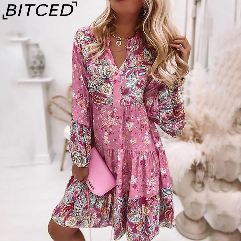 BITCED Women Fashion Bohemian Floral Print V Neck Mini Dresses Casual Loose Elegant Ladies Beach Party Flare Sleeve Dress