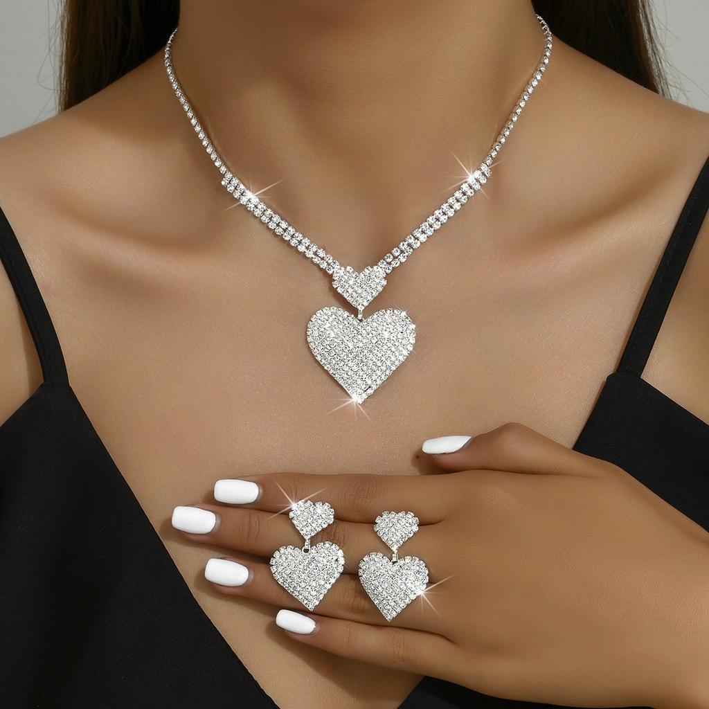 2025 New Fashion Silver Color Heart-shaped Rhinestone Necklace Earring Set Women's Wedding Valentine's Day Gift