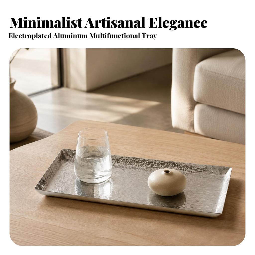Hammered Rectangular Tray Low-Height Metal Silver-Tone for Dresser