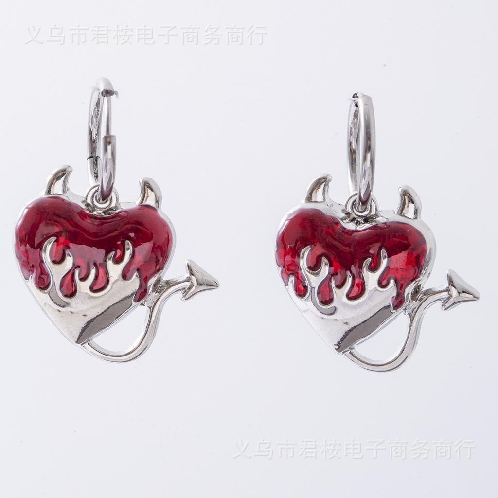 Gothic Personality Silver Color Stainless Steel Red Drip Glaze Heart-shaped Flame Arrow Tail Dangle Earrings for Women Jewelry