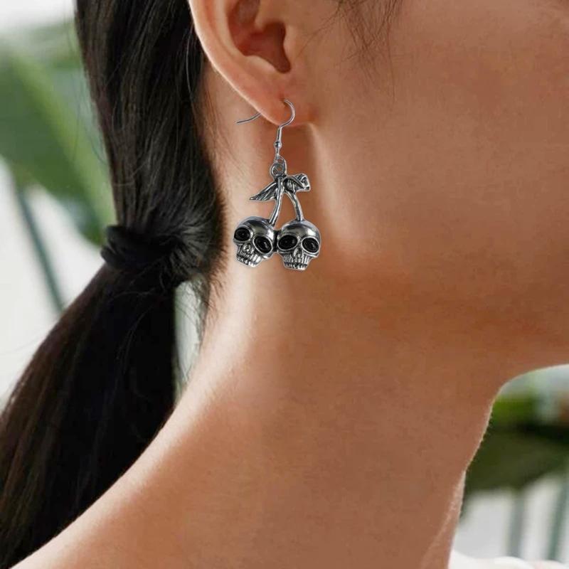 Skull Cherry Dangle Earrings Edgy Jewelry Gothic Skeleton Pendant Earring Hip Hop Jewelry for Women Girl Halloween Decor