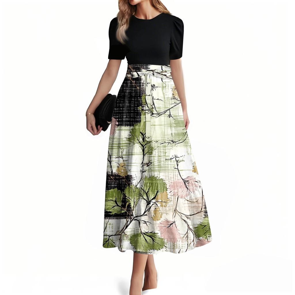 Dame Mote Casual Belte Kortermet Rund Hals Søm Elegant Temperament Kjole