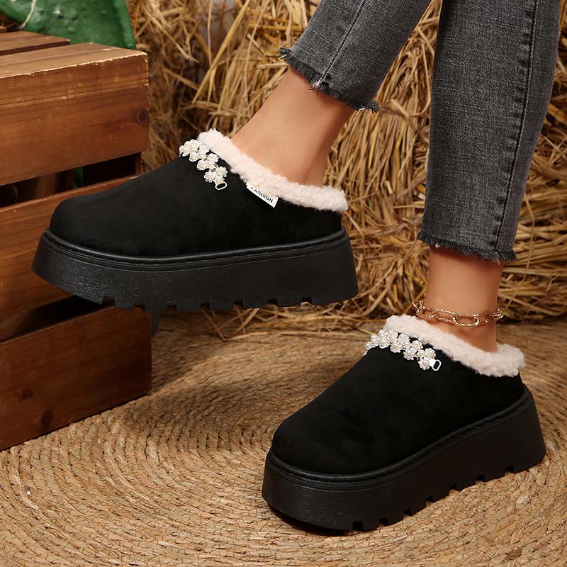Fashion Pearls Decor Cotton Platform Slippers Women Autumn Winter Plush Warm Cotton Shoes Woman Plus Size Anti Slip Snow Boots Female