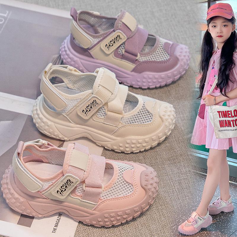 Girls' summer sports sandals 2025 new breathable hollow mesh shoes children's non-slip tire soles