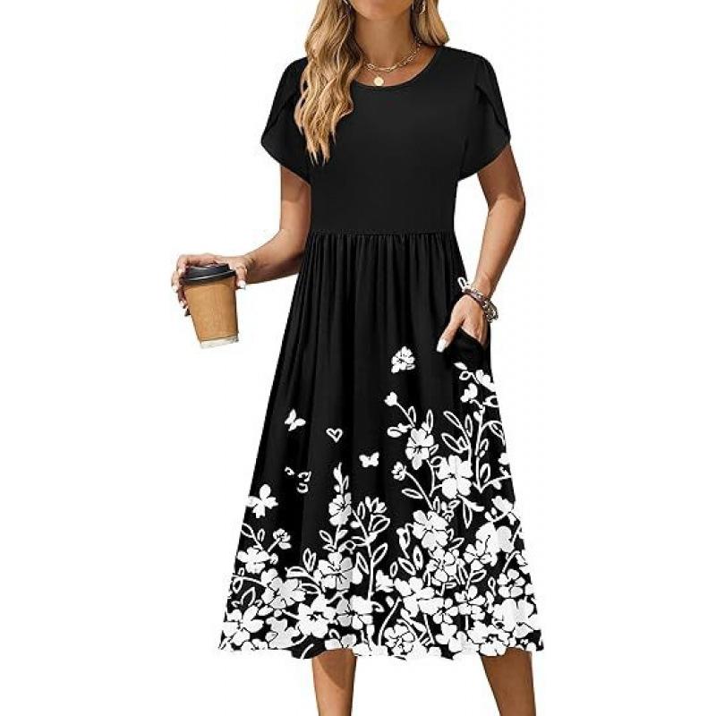 Women Casual Floral Print Long Sleeve Round Neck Maxi Dresses Floral Casual Ethnic Style Loose Long Dress