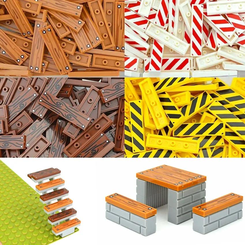 MOC Tile Smooth Printed 1x1 1x4 1x6 2x2 Assemble Particles 2431 3068 Flat Wood Grain Pattern Traffic Warning Bricks Accessories