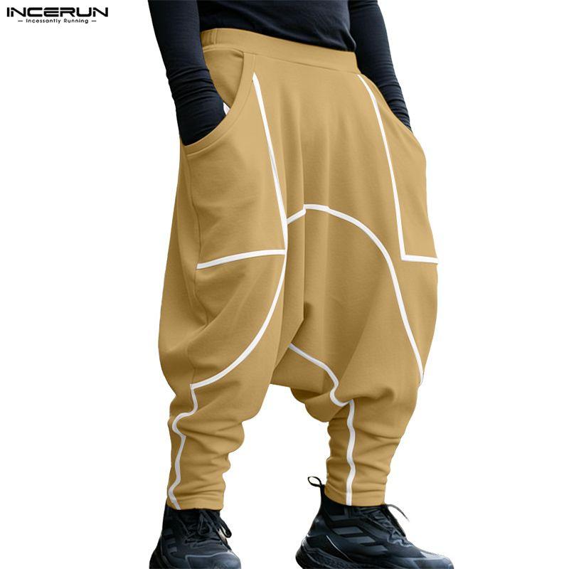 INCERUN Men Elastic Waist Splicing Casual Long Drop-crotch Pants Trousers