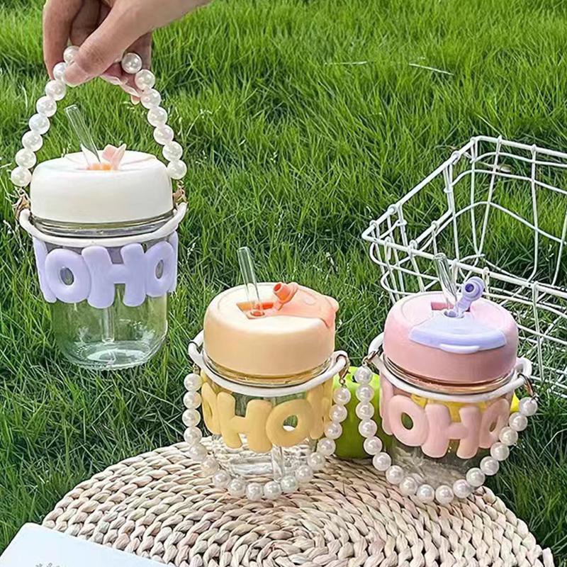 Drinking Cup Transparent Glass High Value Anti-Scalding Cute Straw Cup Pearl Bracelet Letter Water Cup