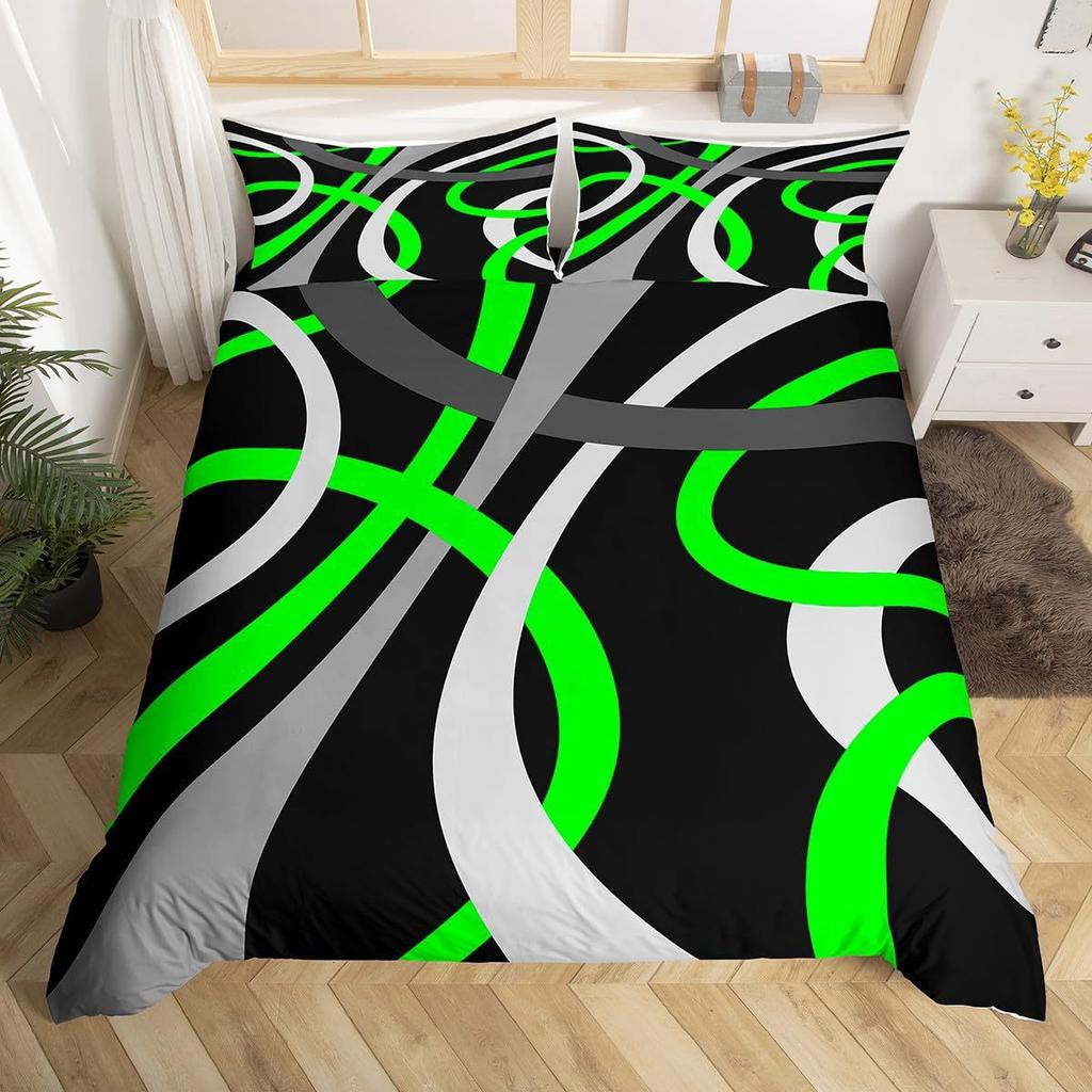 Round Geometric Bedding Set Green Gray Black Abstract Art Bedspread Comfortable Three-Piece Set