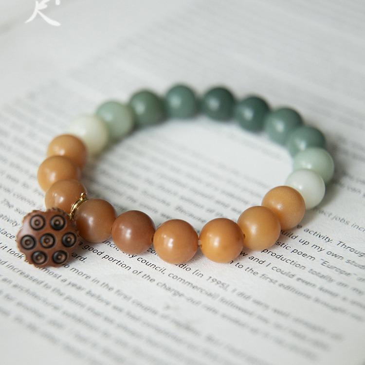 Youlian Natürliches Bodhi-Wurzel-Armband für Männer und Frauen mit Pfirsichholz-Lotus-Anhänger, Farbverlauf Einzelkreis Buddhistische Perlenarmband