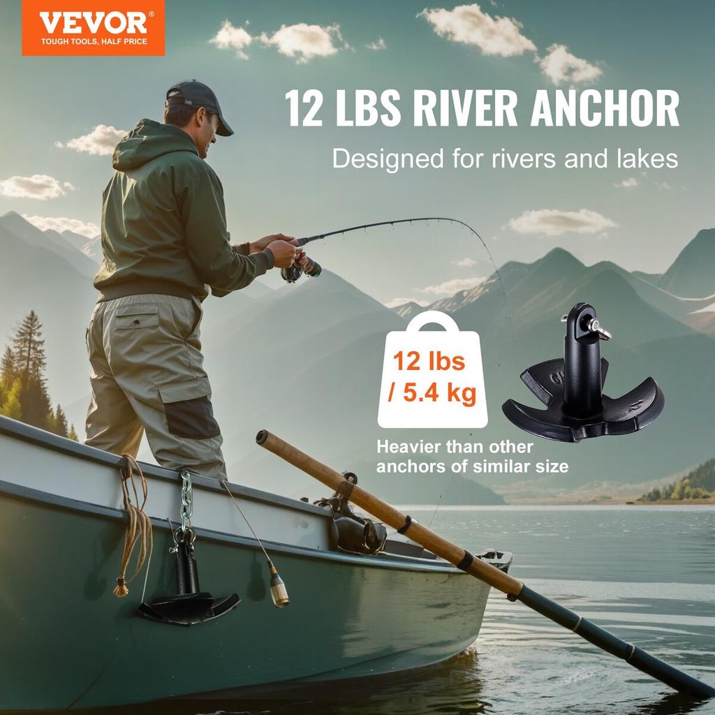 River Anchor 12 LBS Boat Anchor Cast Iron Black Vinyl-Coated with Shackle